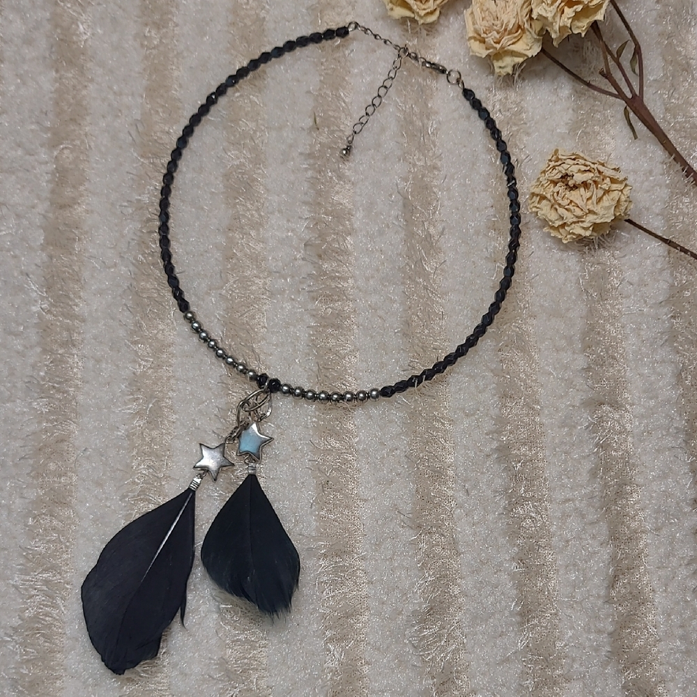 NEW Black Dangling Feather Choker Necklace Silver Black Beads Stars Lobster Claw